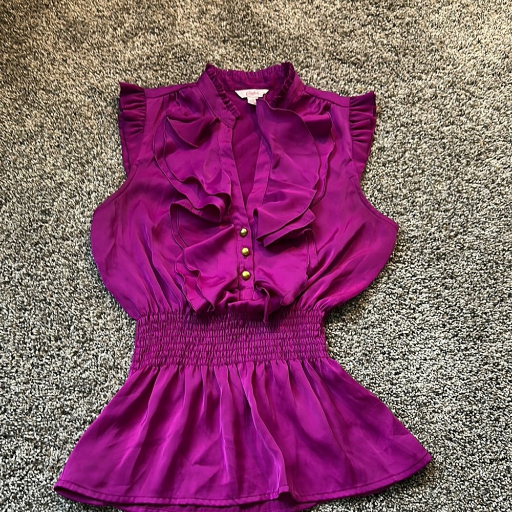 Candie's Purple Gold Ruffled Peplum Blouse with Mandarin Collar